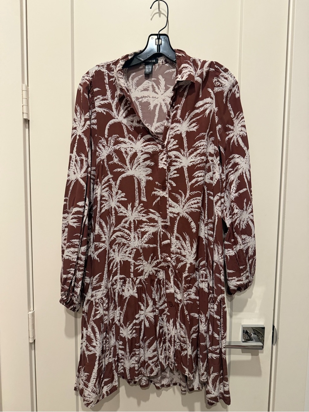 Express Brown and White Palm-Print Long Sleeve Shirt Dress